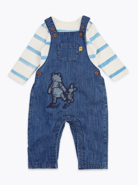 

Marks & Spencer Kids White & Blue Striped Bodysuit with Chambray Dungarees