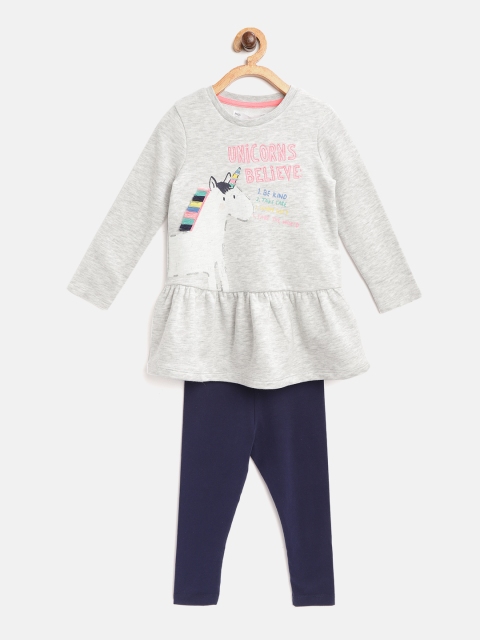 

Marks & Spencer Girls Grey Melange & Navy Blue Printed Top with Leggings