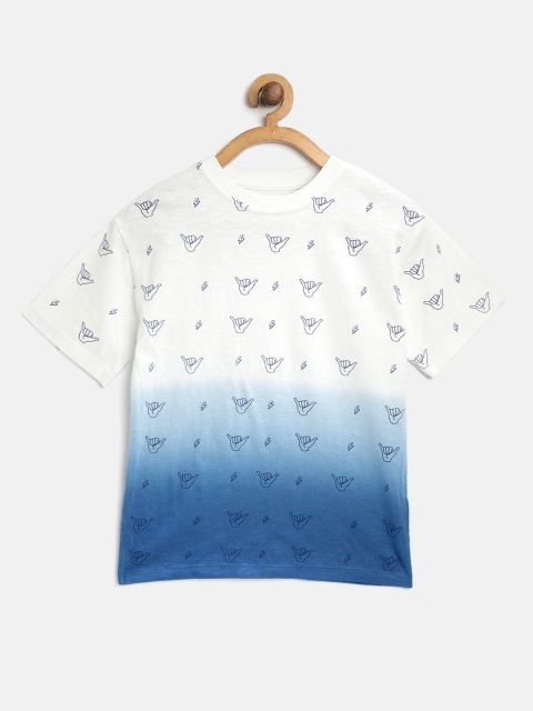 

Marks Spencer Boys White Blue Printed Round Neck Pure Cotton T-shirt with Ombre Dyed Effect