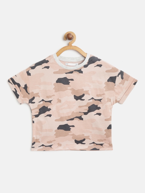 

Marks & Spencer Girls Peach-Coloured & Charcoal Grey Camouflage Print Round Neck T-shirt