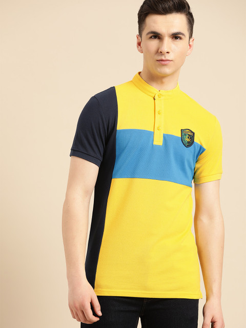 

United Colors of Benetton Men Yellow & Blue Colourblocked Mandarin Collar T-shirt