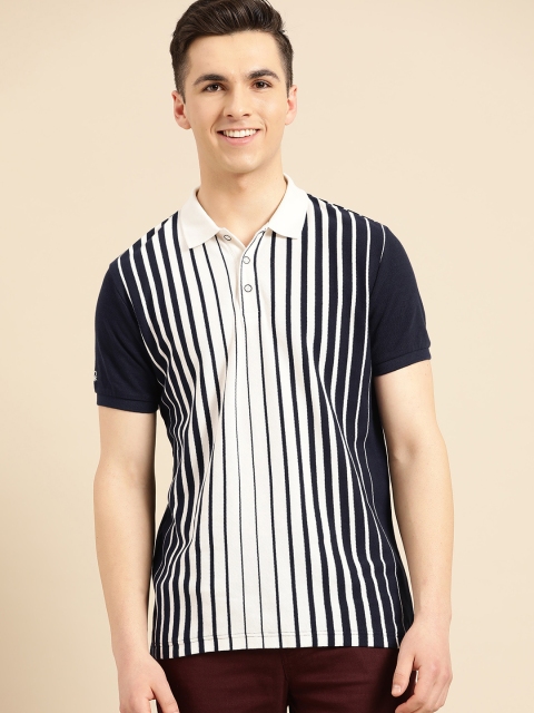 

United Colors of Benetton Men White & Navy Blue Striped Polo Collar T-shirt