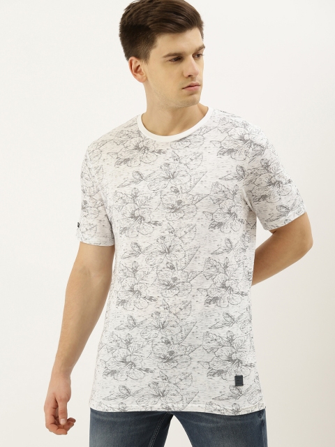 

Lee Cooper Men White Grey Floral Printed Round Neck Pure Cotton T-shirt
