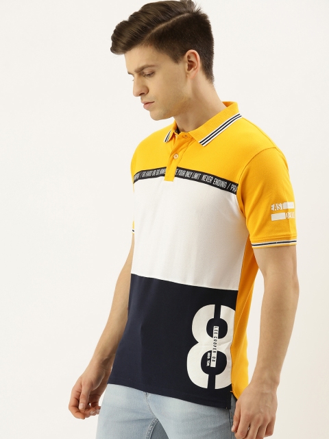 

Lee Cooper Men Yellow White Colourblocked Polo Collar Pure Cotton T-shirt With Printed Detailing