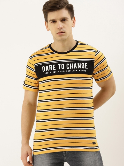 

Lee Cooper Men Yellow Black Striped Round Neck Pure Cotton T-shirt