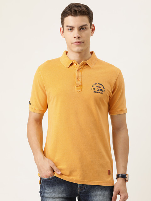 

Lee Cooper Men Yellow Solid Polo Collar Pure Cotton T-shirt With Printed Detailing