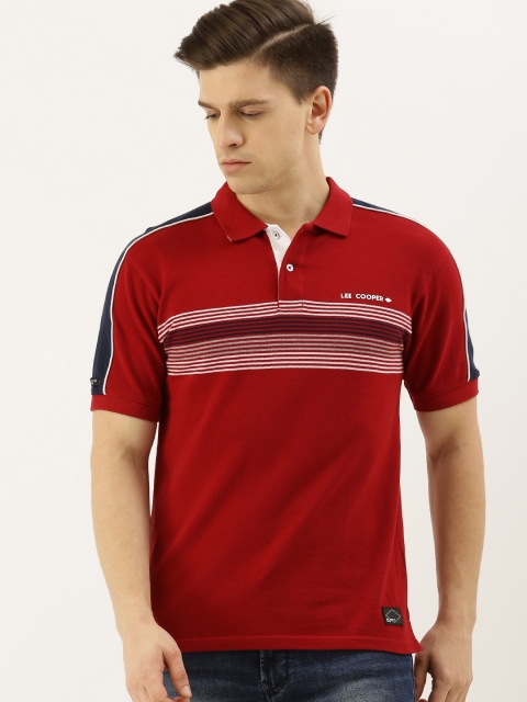 

Lee Cooper Men Red White Striped Polo Collar Pure Cotton T-shirt