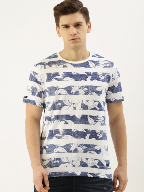 

Lee Cooper Men White Navy Blue Floral Printed Round Neck Pure Cotton T-shirt