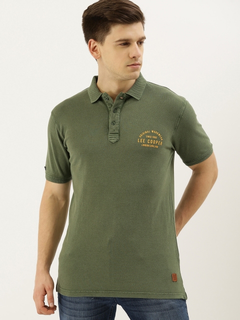

Lee Cooper Men Olive Green Solid Polo Collar Pure Cotton T-shirt With Printed Detailing