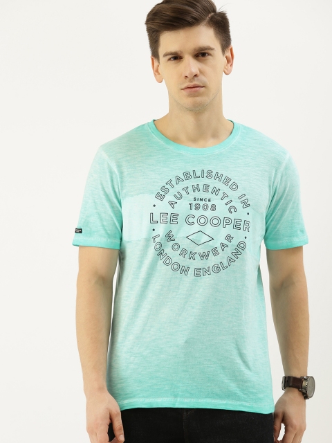 

Lee Cooper Men Turquoise Blue Printed Round Neck Pure Cotton T-shirt