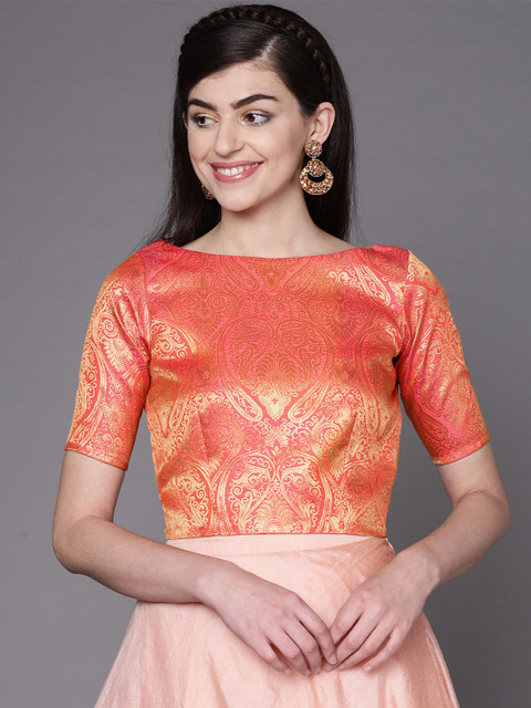 

Inddus Women Pink & Golden Brocade Ethnic Crop Top