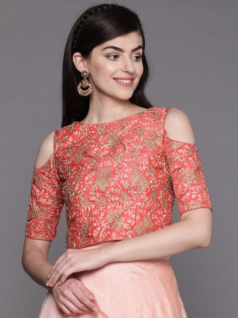 

Inddus Women Pink & Golden Floral Embroidered Cold-Shoulder Crop Top