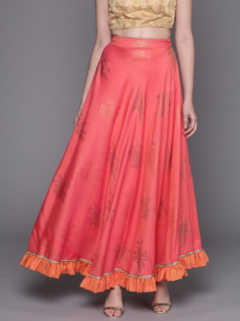 

Inddus Women Pink & Golden Foil Print Maxi Flared Skirt