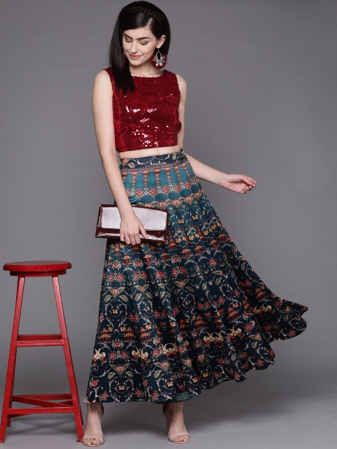 

Inddus Women Teal Green & Orange Digital Print Satin Finish Maxi Flared Skirt