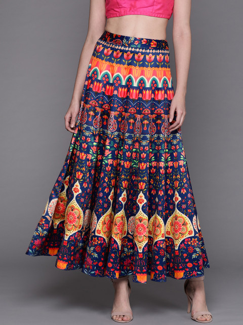

Inddus Women Blue & Orange Satin Finish Digital Print Maxi Skirt