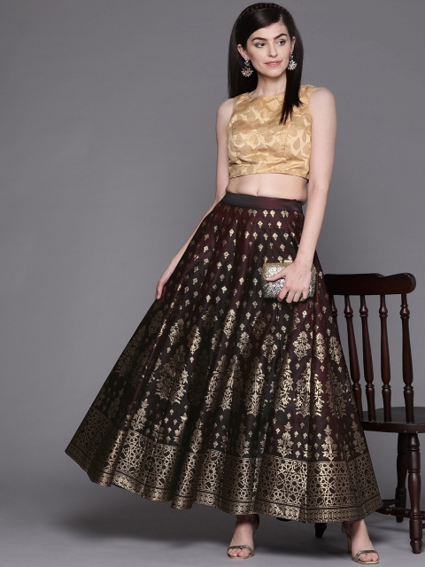 

Inddus Women Coffee Brown & Golden Satin Finish Dual-Toned Foil Print Maxi Skirt