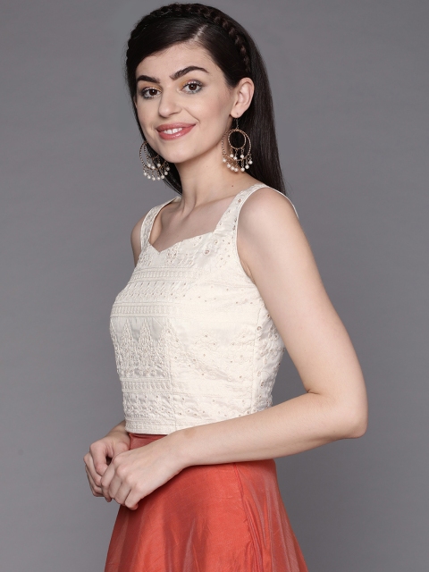 

Inddus Women Off-White Embroidered Crop Top