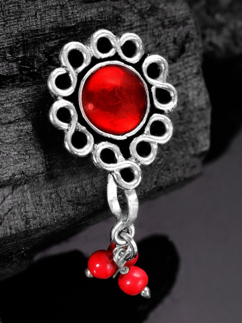 

Rubans Oxidised Silver-Plated & Red Stone-Studded & Beaded Handcrafted Nose Pin