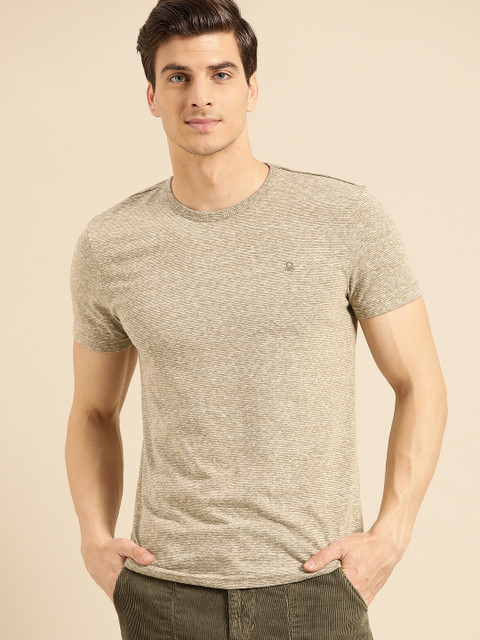 

United Colors of Benetton Men Beige Self-Striped Round Neck T-shirt