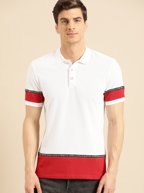 

United Colors of Benetton Men White & Red Colourblocked Polo Collar T-shirt