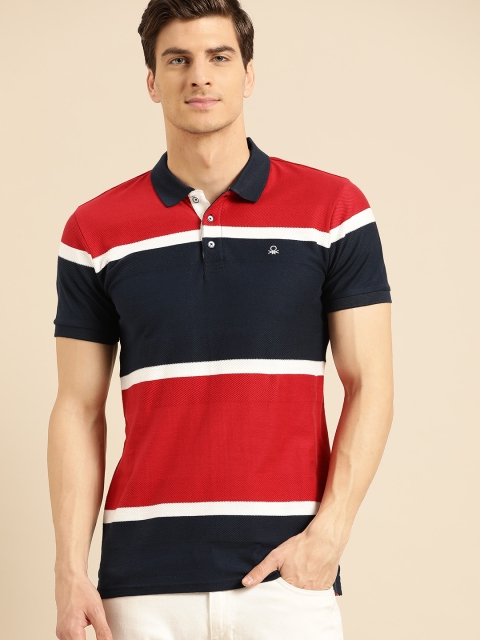 

United Colors of Benetton Men Red & Navy Blue Striped Polo Collar T-shirt