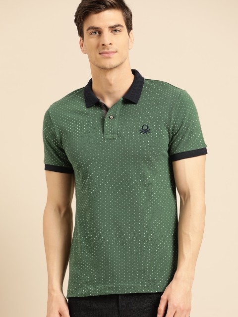 

United Colors of Benetton Men Olive Green & White Micro Disty Print Polo Collar T-shirt