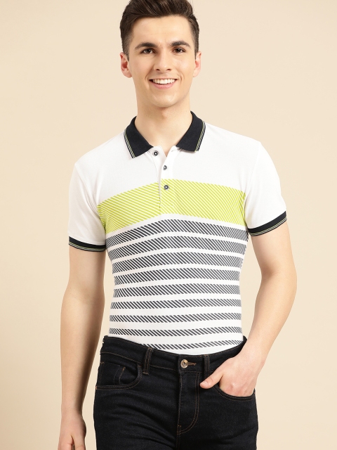 

United Colors of Benetton Men White & Navy Blue Striped Polo Collar T-shirt