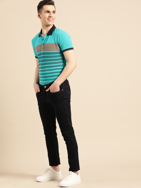 

United Colors of Benetton Men Blue & Black Striped Polo Collar T-shirt