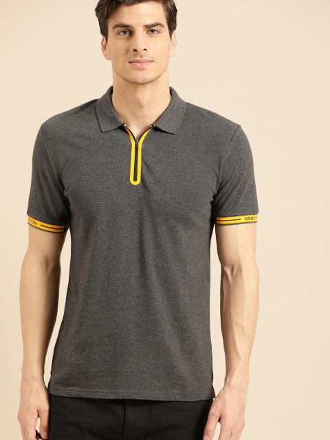 

United Colors of Benetton Men Charcoal Grey Solid Polo Collar T-shirt