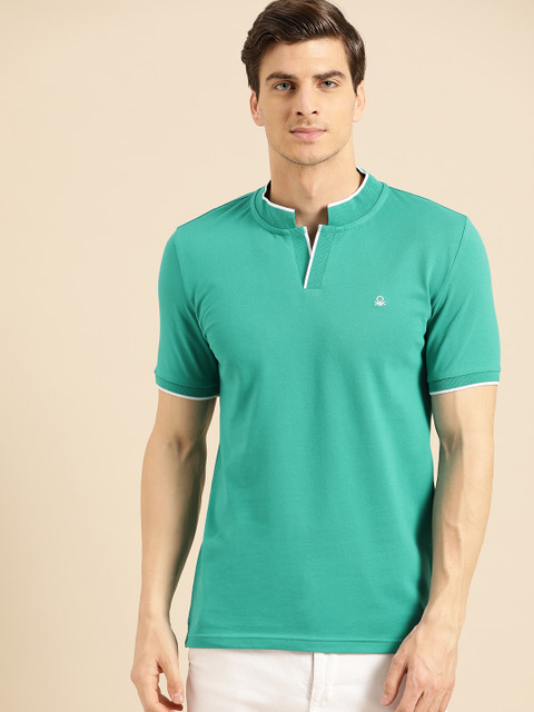 

United Colors of Benetton Men Blue Solid Mandarin Collar T-shirt