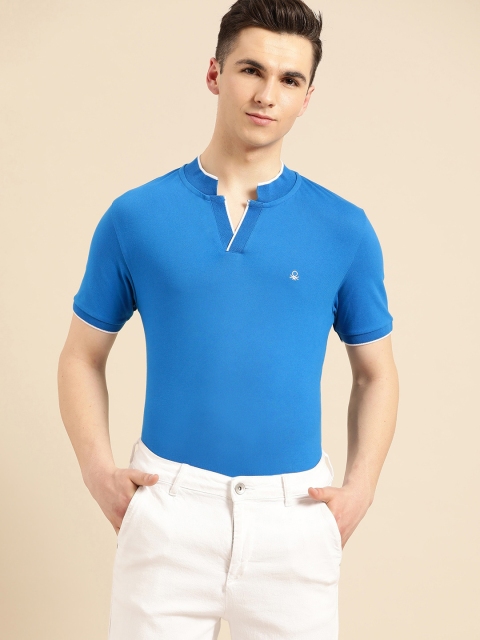 

United Colors of Benetton Men Blue Solid Stand Collar T-shirt