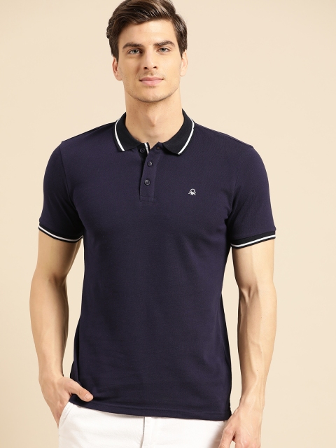 

United Colors of Benetton Men Navy Blue Solid Polo Collar Pure Cotton T-shirt