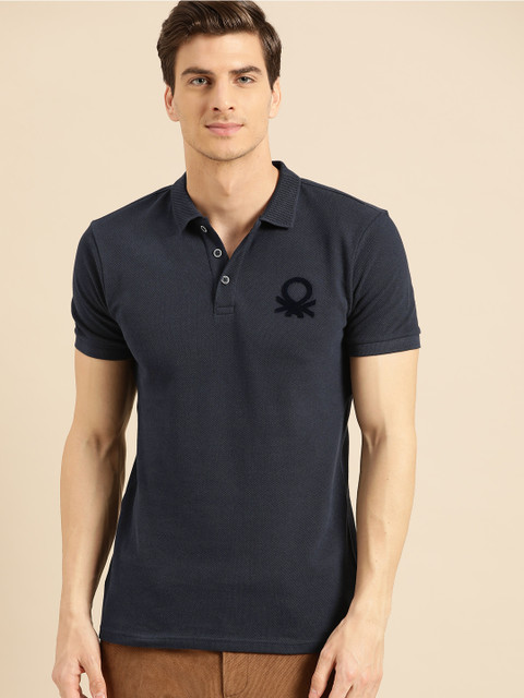 

United Colors of Benetton Men Navy Blue Solid Polo Collar T-shirt
