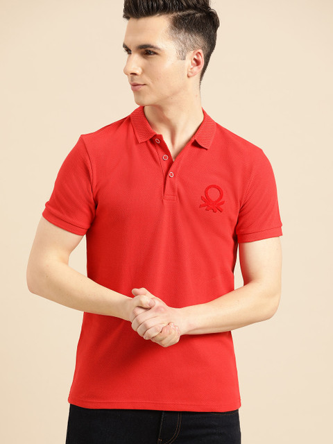 

United Colors of Benetton Men Red Solid Polo Collar Pure Cotton T-shirt