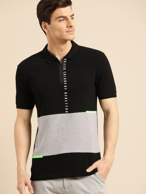 

United Colors of Benetton Men Black & Grey Melange Colourblocked Polo Collar T-shirt