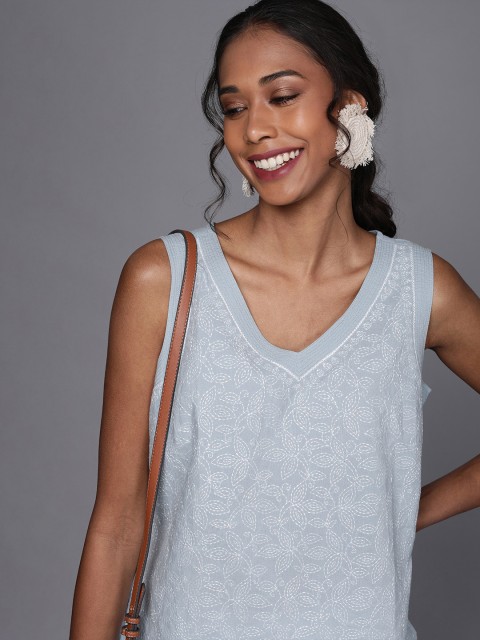 

Fabindia Women Grey & White Embroidered Regular Top