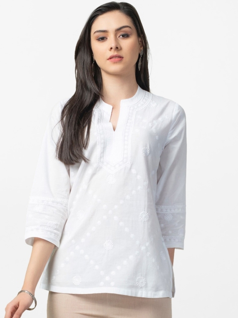 

Fabindia Women White Pure Cotton Chikankari Straight Kurti