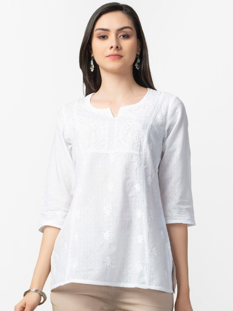 

Fabindia Women White Pure Cotton Dobby Chikankari Straight Kurti