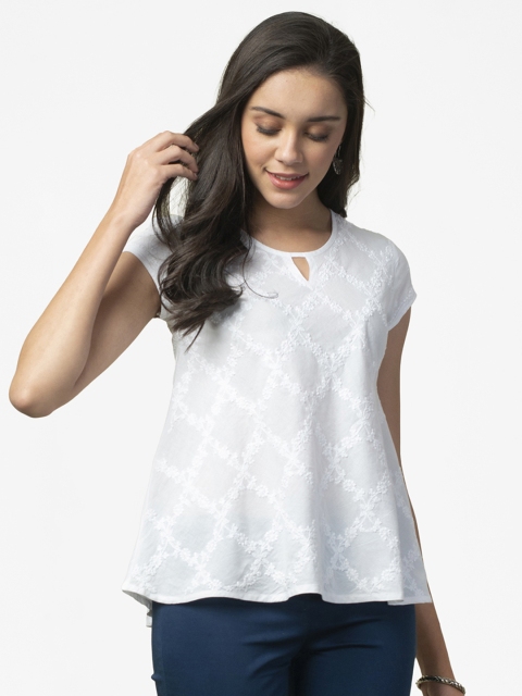 

Fabindia White Cotton Chikankari Embroidered Keyhole Neck A-Line Top