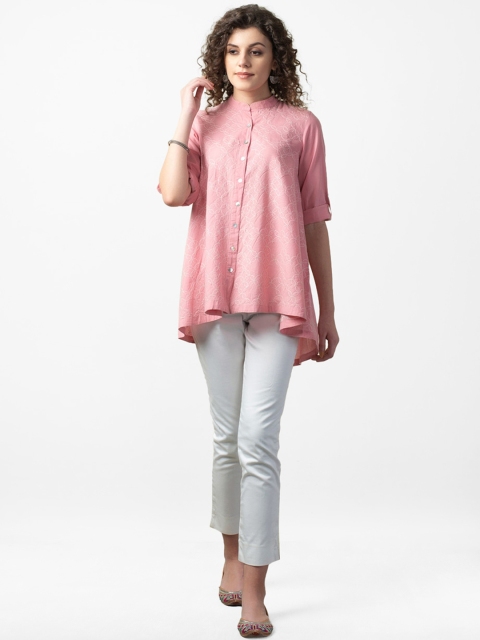 

Fabindia Women Pink & White Pure Cotton Regular Fit Chikankari Embroidered High Low Shirt