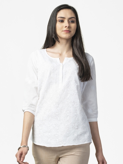 

Fabindia Women White Pure Cotton Chikankari High-Low Kurti