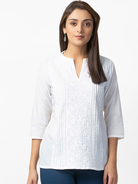 

Fabindia Women White Pure Cotton Chikankari Embroidered Pleated Kurti