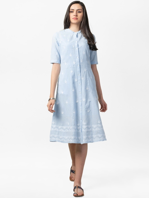 

Fabindia Women Blue & White Chikankari Embroidered A-Line Dress