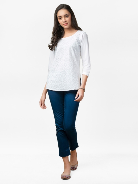 

Fabindia Women White Pure Cotton Chikankari Straight Kurti