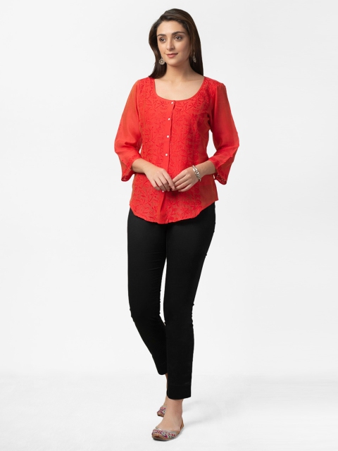 

Fabindia Women Red Chikankari Embroidered Kurti