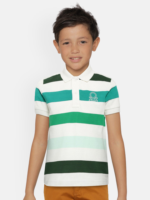 

United Colors of Benetton Boys White & Green Striped Polo Collar T-shirt