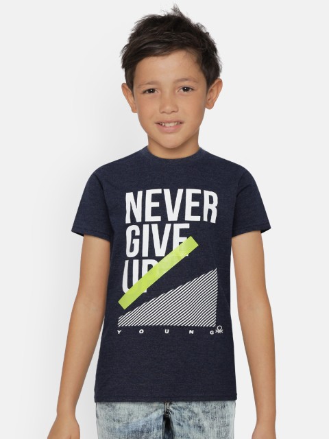 

United Colors of Benetton Boys Navy Blue & White Printed Round Neck T-shirt