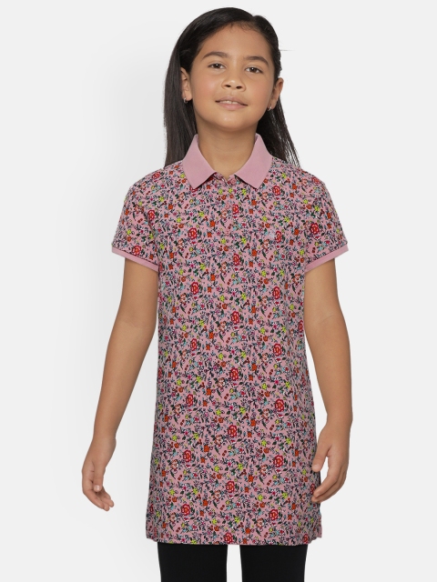 

United Colors of Benetton Girls Pink & Green Floral Print Polo Collar T-shirt
