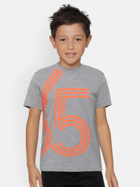 

United Colors of Benetton Boys Grey Melange & Orange Printed Round Neck T-shirt