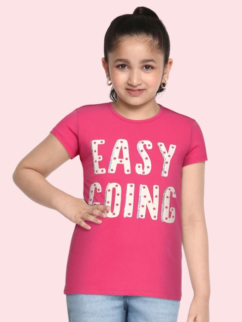 United Colors of Benetton Girls Pink and White Printed Round Neck T-shirt